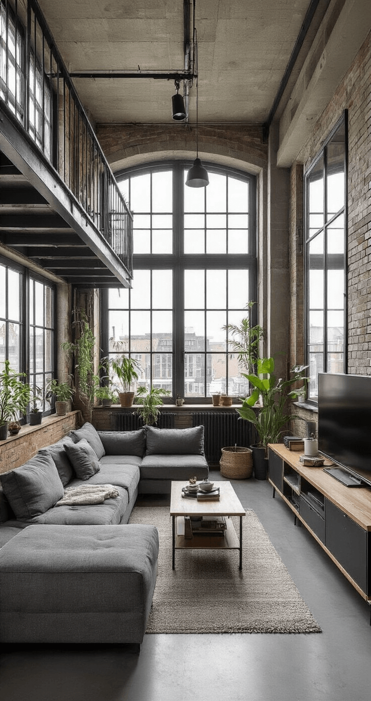 Strakke urban loft met industriële elementen, ochtendzon door grote fabrieksramen, compact ingedeelde zithoek met antraciet linnen bank, multifunctionele opbergmeubels in zwart staal en eikenhout, zachte textiel en planten, kleurenpalet van grijs, zwart en warmhout met groene accenten.