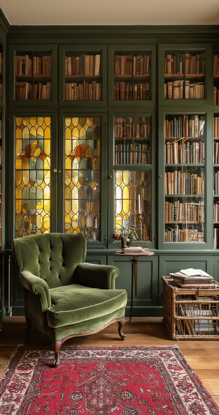 Een knusse leeshoek in een jaren '30 erker met gouden avondlicht dat door glas-in-lood filtert, voorzien van een vintage fauteuil in diepgroen fluweel, ingebouwde boekenkasten in roomwit, een verwassen rood Perzisch kleed, en sfeervolle verlichting van een staande koperen leeslamp, aangekleed met persoonlijke fotolijsten en erfstukken.