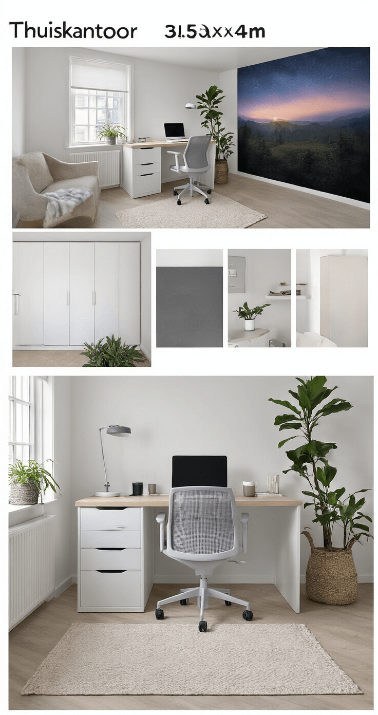 Minimalistisch thuiskantoor van 3.5x4m met panoramaraam en diffuus noorderlicht. Een zwevend bureau in wit eiken, een ergonomische designstoel in lichtgrijs mesh, en ingebouwde wandkasten. Hoge kamerplanten filteren het licht in een monochroom kleurenschema met tactiele texturen, gericht op functionaliteit en rust.