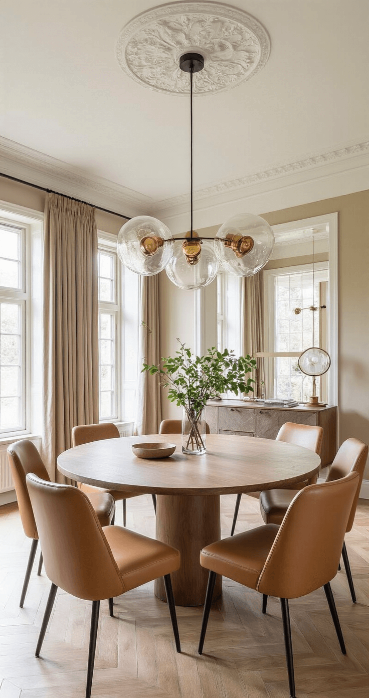 Eetkamer met originele en-suite deuren, hoge ramen die middagzon binnenlaten, ovale notenhouten eettafel voor 8 personen, omringd door camelkleurige leren Mid-Century stoelen, en een statement hanglamp van mondgeblazen glas, met een warm kleurenpalet van bruin, beige en goud.