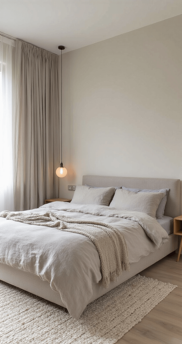 Moderne slaapkamer met kingsize bed en ensuite badkamer, gevuld met ochtendlicht gefilterd door linnen gordijnen, zachte grijze beddengoed en bouclé hoofdbord.