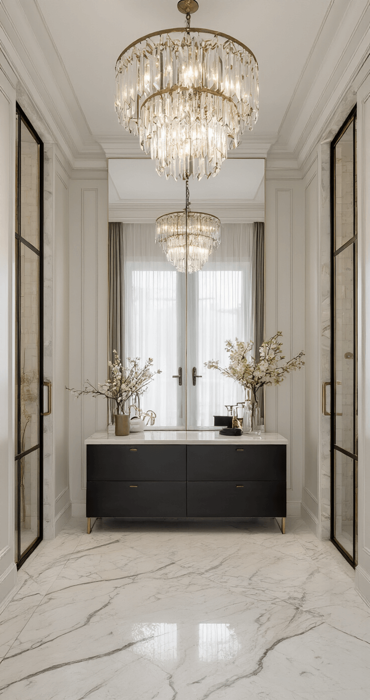 Luxe entreehal met marmeren vloer, indirect daglicht via glazen deur, hoogglans greeploze garderobekast, grote wandspiegel met messing frame, statement kristallen kroonluchter, symmetrische compositie, mix van moderne en klassieke elementen in wit, goud en zwart.