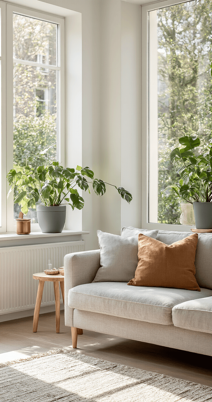 Lichte, moderne woonkamer met grote raampartij, pannenkoekplant in grijze pot op vensterbank, koperen watergieter en houten onderzetter, Scandinavisch interieur en warme ondertonen.