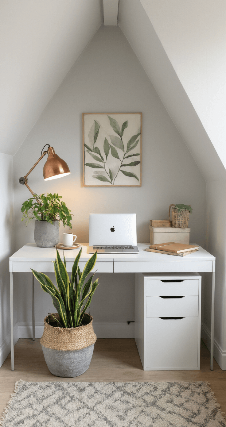 Intieme thuiswerkplek in een hoek met een wit bureau, pannenkoekplant in een betonnen pot, een MacBook en notitieboek, verlicht door een vintage koperen lamp, gefotografeerd vanuit een bovenaanzicht in documentaire stijl.