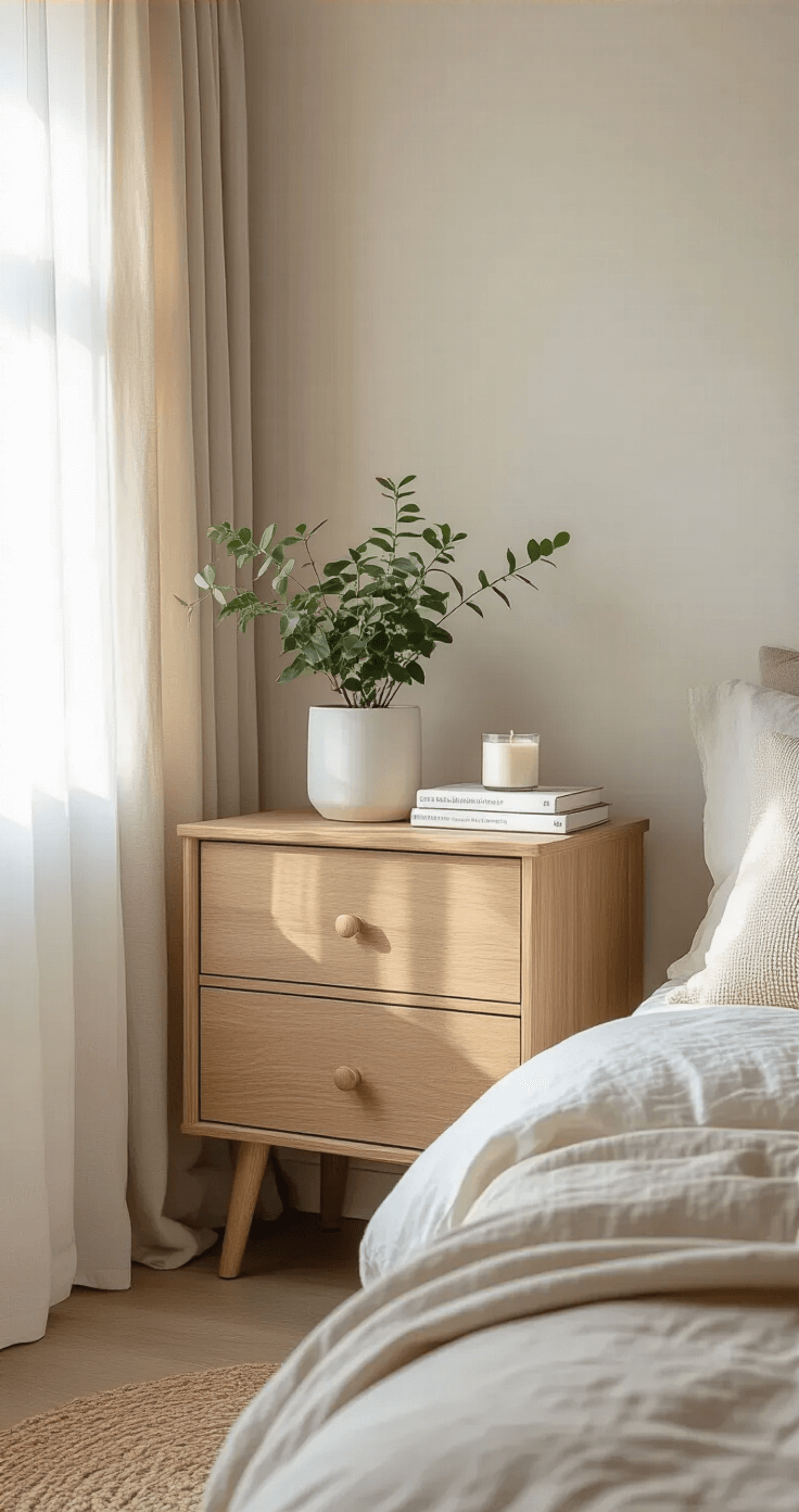 Minimalistische slaapkamer met licht eikenhout nachtkastje, kleine pannenkoekplant in witte pot, stapel linnen-gebonden boeken en geurkaars. Zacht avondlicht door sheer gordijnen, rustige sfeer in crème en zandtinten.