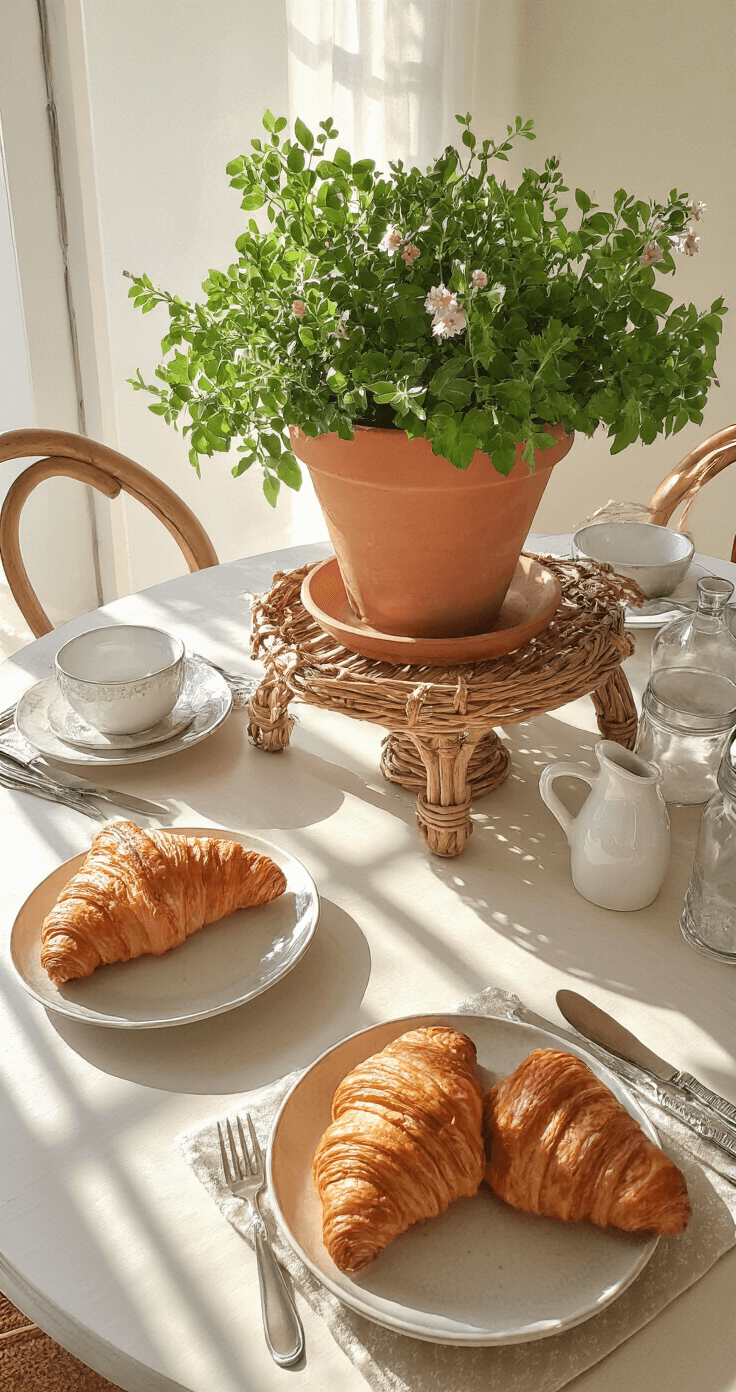Zonnige ontbijtnook met ronde eettafel en een grote pannenkoekplant in terracotta pot, omringd door vintage servies en verse croissants, met speelse schaduwen van de ochtendzon en een mediterrane sfeer in aardetinten.