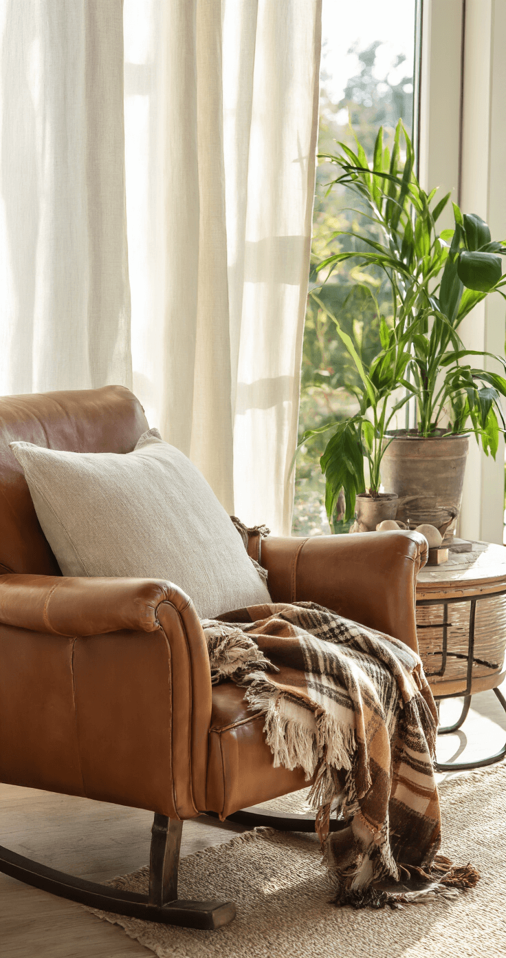 Gezellige leeshoek met vintage leren fauteuil, pannenkoekplant op messing plantentafel, geweven plaid en linnen kussen, indirect licht door kanten gordijnen, intieme sfeer in warme cognac tinten.