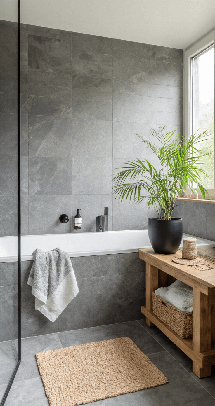Lichte badkamer met natuurstenen tegels, pannenkoekplant op een houten badrekje, bamboe accessoires en linnen handdoeken, gefotografeerd in ochtendlicht met focus op textuurcontrasten.