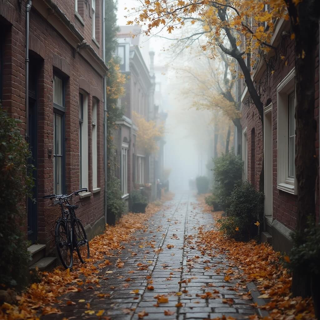 Mistige herfstmorgen in Groningen, smalle straat met spreiding van gouden bladeren, historische Nederlandse gebouwen met rode bakstenen gevels, zacht diffuus licht, natte reflecterende straatoppervlakte, traditionele fiets geleund tegen een oud gebouw, herfstachtige sfeer met zachte bruin- en amberkleuren.