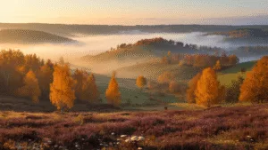 A picturesque autumn landscape of Sallandse Heuvelrug National Park with vibrant fall foliage, misty hills, and a deer silhouette, captured in soft morning light.
