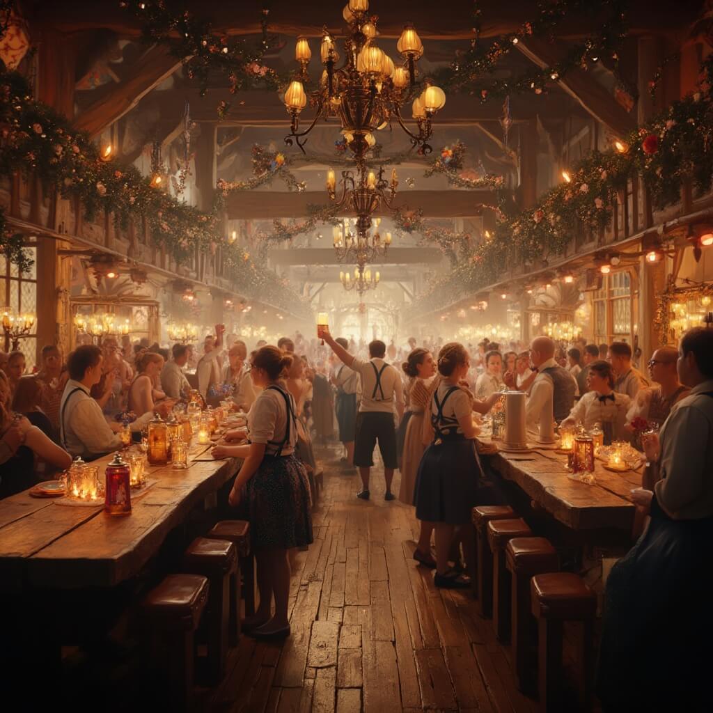 Oktoberfest Amersfoort: Waar Bier, Muziek en Gezelligheid Samenkomen! A lively indoor beer hall filled with people in traditional Bavarian outfits, celebrating with raised beer steins and dancing, surrounded by warm lighting, wooden communal tables, and festive blue-white decorations.