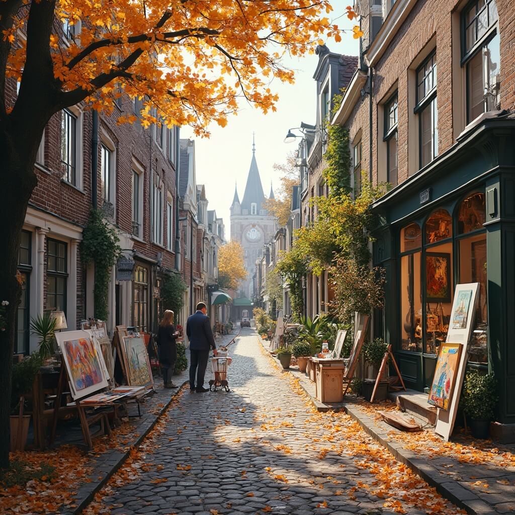 A picturesque autumn street in Bergen, North Holland, featuring historic buildings with large windows showcasing art, orange and yellow leaves on cobblestone streets, artists painting outdoors in warm afternoon light, and open art galleries displaying vibrant paintings and sculptures.