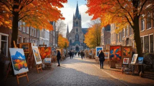 A vibrant autumn scene in Bergen, Netherlands, featuring the historic Ruïnekerk surrounded by colorful art installations, open-air galleries, and diverse art forms, as visitors explore the artwork beneath fall trees with orange and red leaves in warm, golden sunlight.