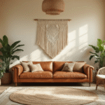 Cinematische opname van een zonovergoten boheems woonkamer met hoge plafonds en vloerverwarming grote ramen, een handgemaakt macramé wandkleed boven een vintage cognac leren sofa, versierd met planten en vintage tapijten in aardetinten.