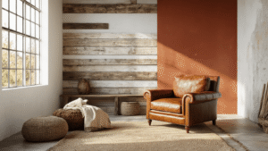 Boheemse-industrieel woonkamer met vintage cognac leren fauteuil, wit geverfde muren en terracotta accentmuur, gerecycled houten wanddecoratie, hoge ramen met natuurlijk middagzonlicht, gelaagde texturen van ruwe dekens en linnen kussens op een jute tapijt, cinematic belichting en warme kleurtinten.