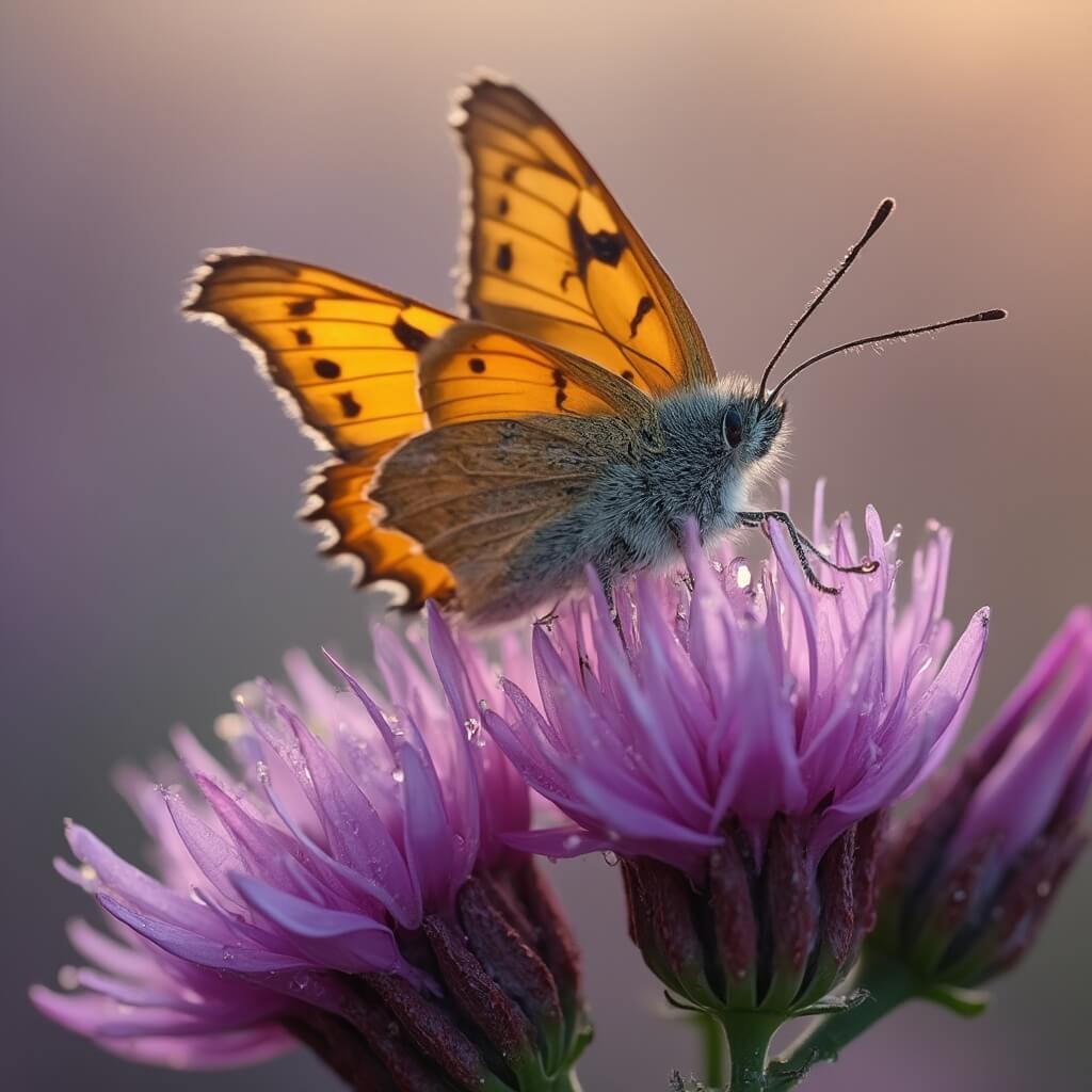 Close-up van een delicate vlindersoort die rust op een heidebloem, met een zachte achtergrond van paarse heidevelden, evenals vroege ochtendedruppels.