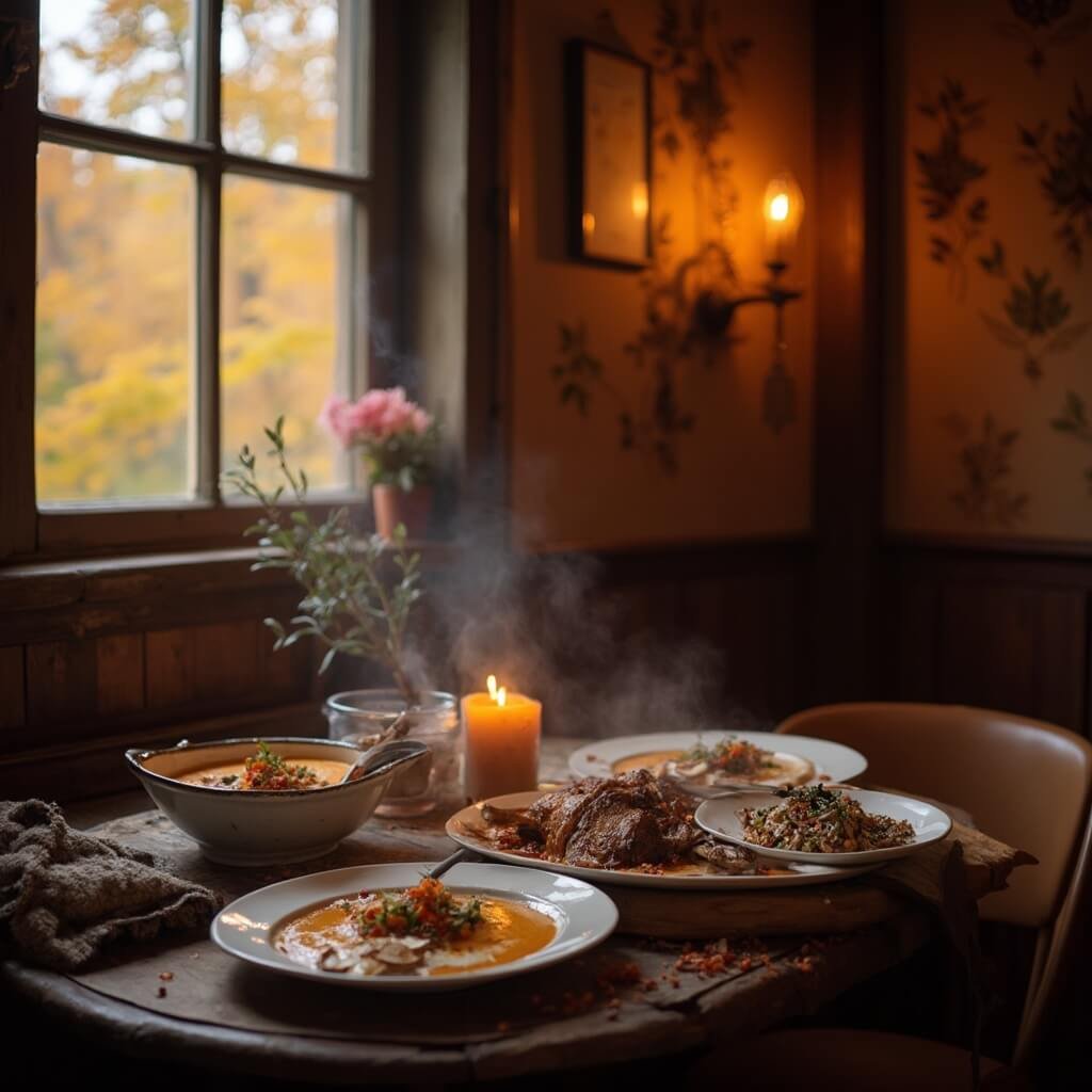Gezellige interieur van een traditionele Nederlandse restaurant in de herfst, met een warme houten inrichting, zachte kaarslicht, rustieke tafel met dampende gerechten van pompoensoep, wild en verse paddenstoelen, herfstbladeren zichtbaar door het raam, warme kleurenpalet van bruin, oranje en diep rood, intieme en uitnodigende sfeer.