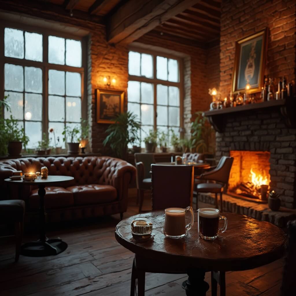 A cozy Dutch cafe in Groningen during autumn, featuring exposed brick walls, wooden beams, and a crackling fireplace, with large windows showing rainy weather outside. Inside, warm lighting highlights leather chairs and wooden tables adorned with steaming mugs of hot chocolate and local craft beers, creating an intimate atmosphere.