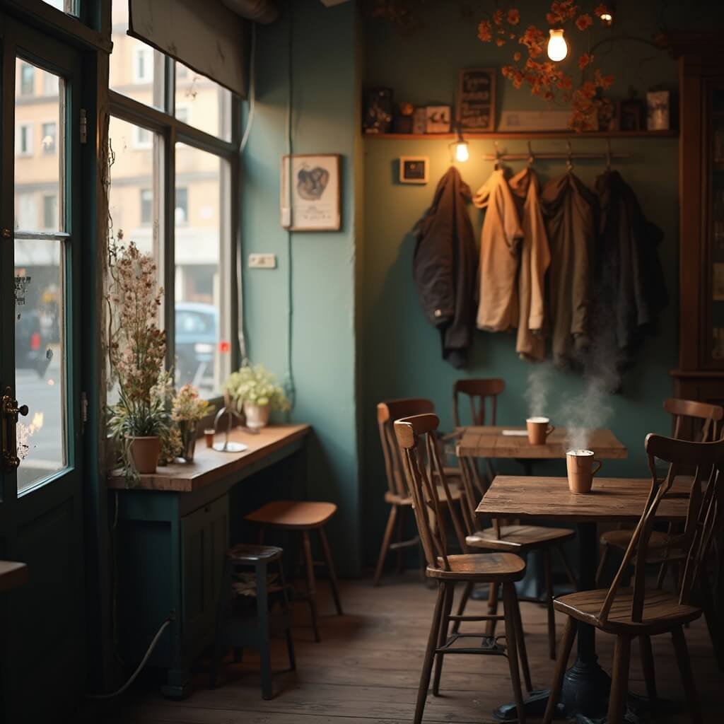 Een gezellige, warme interieur van een klein café aan de Witte de Withstraat met zachte sfeerverlichting, stoom die opstijgt van warme chocolademelk, vintage houten stoelen, winterkleding aan haken en een authentieke Rotterdamse stadsatmosfeer, in gedetailleerde realistische stijl met een zachte achtergrondfocus.
