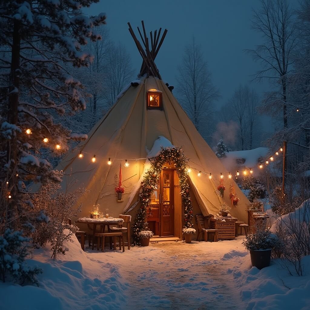 Gezellige winterse tipi-restaurant buitenkant 's nachts, omgeven door een sneeuwbedekte grond, met warme verlichting, traditionele Nederlandse winterstijl en feestelijke decoraties, terwijl stoom van warme dranken omhoog stijgt in een intieme culinaire setting in een winterlandschap.