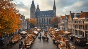 Aerial view of Deventer's medieval square bustling with antiquarian book stalls, set against Lebuinuskerk, framed by autumn leaves on cobblestones. Food vendors offer Deventer Koek and coffee, creating a warm, nostalgic atmosphere in rich autumn colors.
