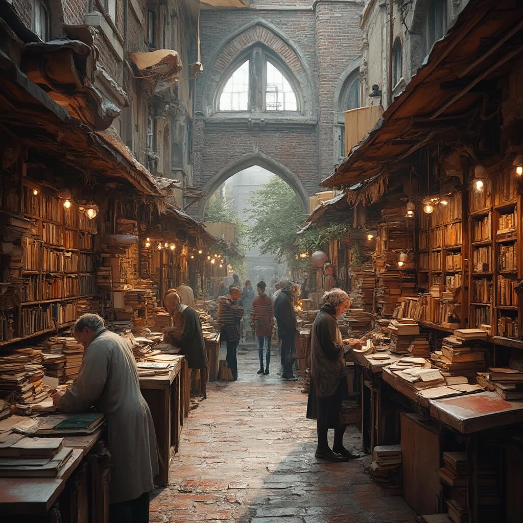 Panoramisch uitzicht op een druk traditioneel boekenmarkt in Deventer, Nederland, met houten kraampjes vol vintage boeken, ambachtslieden die boeken restaureren, zacht ochtendlicht dat door het marktbeeld filtert, met mensen die zeldzame boeken bekijken en de authentieke Nederlandse architectuur op de achtergrond, in rijke aardetinten.
