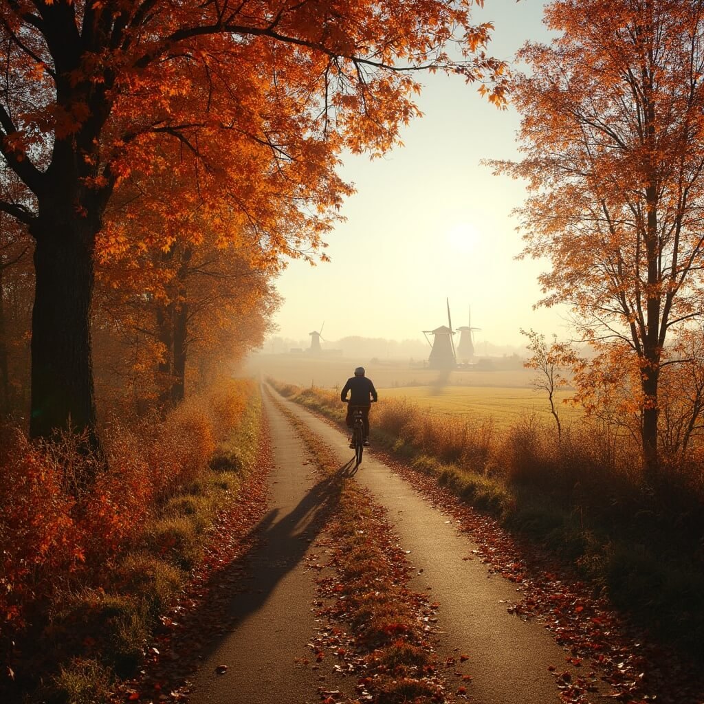 Schilderachtige fietstocht door het Westerwoldse landschap, met een kronkelig pad door een kleurrijk herfstbos, bedekt met gevallen bladeren in rijke oranje en rode tinten, zachte glooiende heuvels met in de verte windmolens, zacht ochtendlicht dat door de bomen filtert, typische Nederlandse herfstscène met heide en bosranden.
