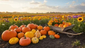 A vibrant autumn harvest scene in Lelystad, Netherlands, showcasing a diverse pumpkin patch in the foreground with various pumpkin varieties and a colorful flower field filled with fall asters, sunflowers, and marigolds, all bathed in warm golden hour light, featuring a rustic wheelbarrow filled with flowers and decorative pumpkins.