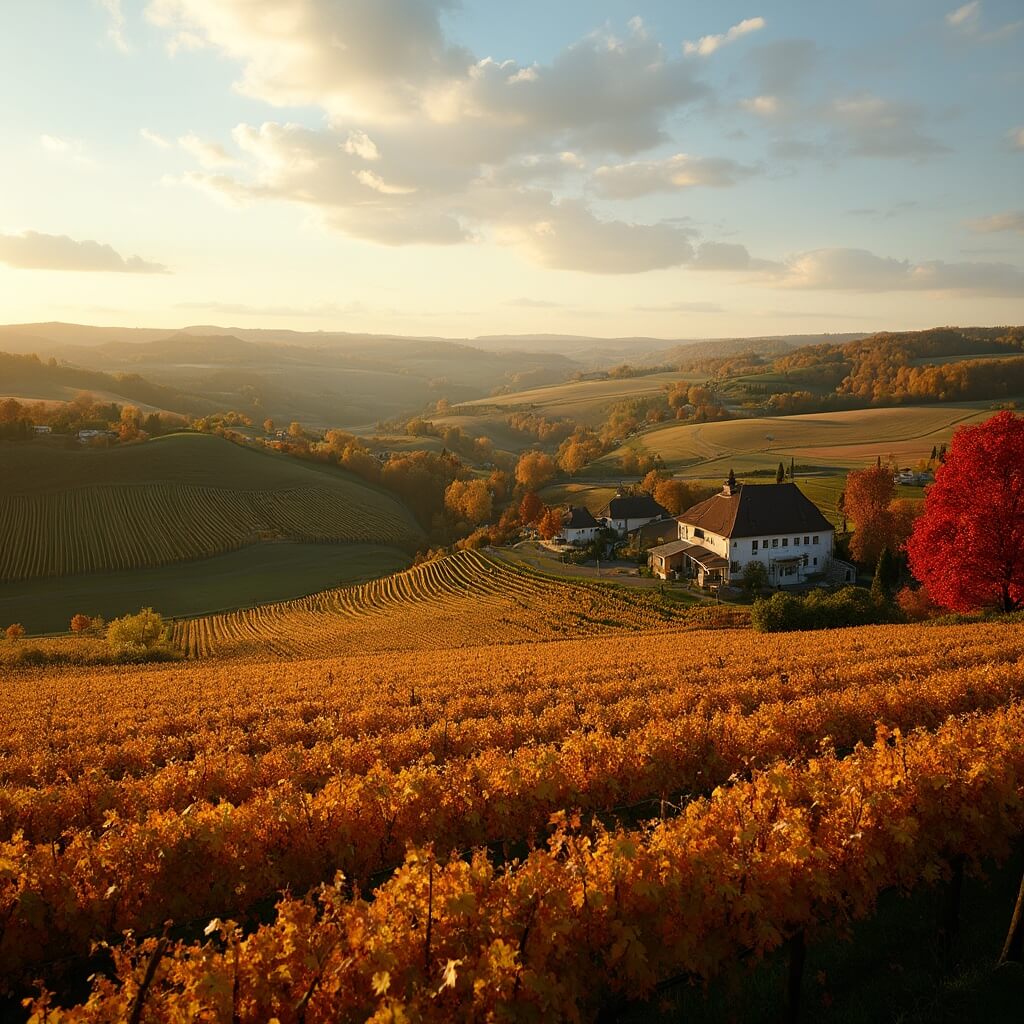 A panoramic view of a vibrant autumn vineyard in Groesbeek, Netherlands, featuring rolling hills of grapevines bathed in golden sunlight, surrounded by trees adorned in rich hues of red, orange, and yellow, with a traditional Dutch farmhouse nestled amid the vines.