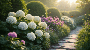 Photorealistic image of a lush Dutch garden border featuring Hydrangea Annabelle with large white blooms, Japanese Euonymus providing deep green structure, and Butterfly Bush attracting butterflies, all under golden hour lighting with soft bokeh. Rhododendron blooms peek through morning mist, while Skimmia grounds the composition with dark green foliage, enhanced by natural stone path edges in Nordic style.