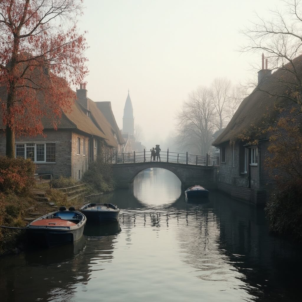 Rustig Nederlands kanaaldorp met traditionele rietgedekte huizen, houten bruggen en kleine boten die op kalm water drijven, herfstbomen met gouden en rode bladeren, nevelachtige ochtendsfeer, zacht licht dat door de bomen filtert, zonder mensen zichtbaar, pittoresk landschap met traditionele Nederlandse architectuur.