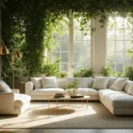 Photorealistic modern Dutch living room featuring large windows with climbing ivy, an ecru linen designer sofa, brass floor lamps, and a natural luxury atmosphere, captured in soft golden hour lighting with a shallow depth of field, highlighting muted earth tones and layered textures.