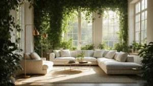 Photorealistic modern Dutch living room featuring large windows with climbing ivy, an ecru linen designer sofa, brass floor lamps, and a natural luxury atmosphere, captured in soft golden hour lighting with a shallow depth of field, highlighting muted earth tones and layered textures.