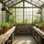 Serene interior of a Dutch botanical greenhouse featuring terracotta pots with herbs, vintage gardening tools, and rustic decor, illuminated by soft morning light filtering through glass panels.