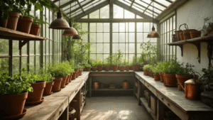 Serene interior of a Dutch botanical greenhouse featuring terracotta pots with herbs, vintage gardening tools, and rustic decor, illuminated by soft morning light filtering through glass panels.
