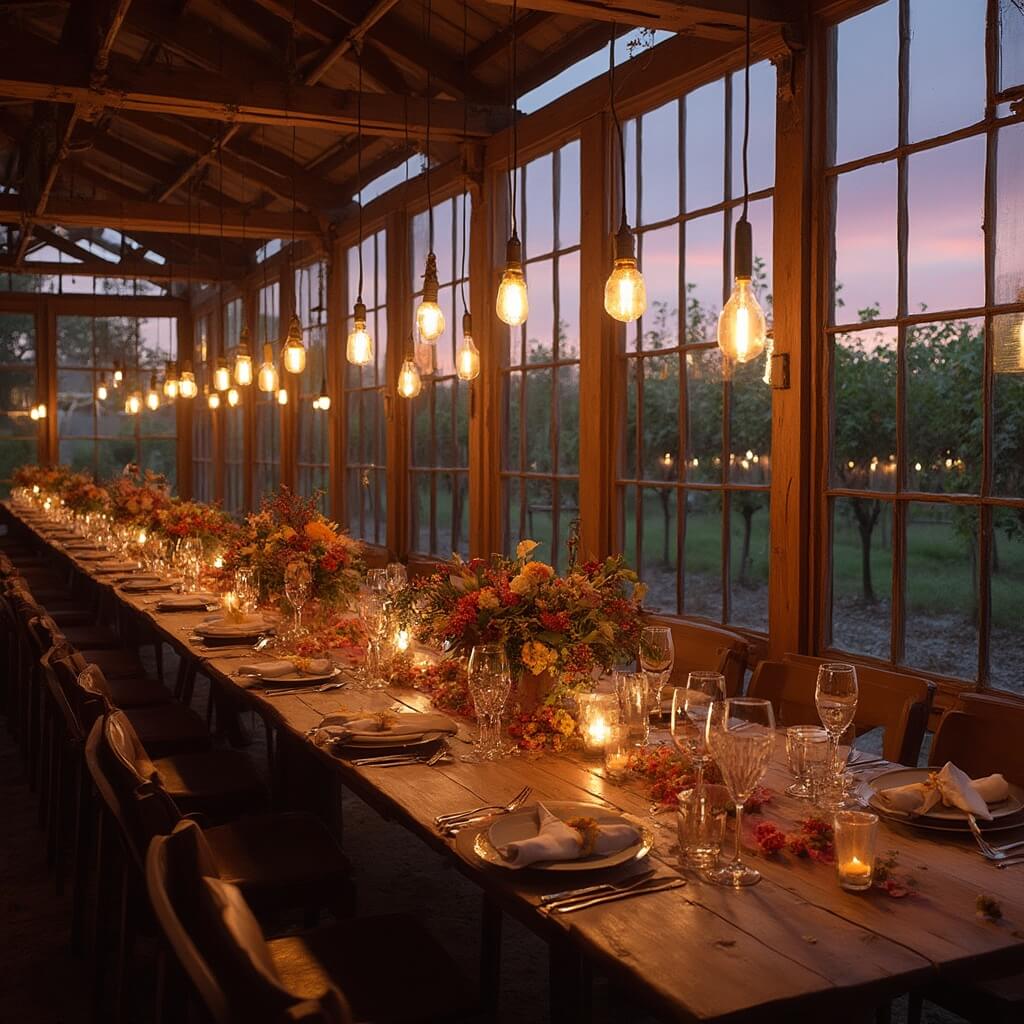 An intimate wine tasting scene in a historic Dutch greenhouse, showcasing rustic wooden tables adorned with autumn flowers and grape clusters, crystal wine glasses sparkling in the late afternoon light, with vintage Edison bulbs overhead and grape vines visible through glass walls against a dusky purple sky.