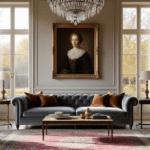 Cinematic wide shot of an elegant Dutch living room featuring warm greige walls, a slate grey velvet sofa beneath an antique family portrait, illuminated by soft morning light through sheer curtains, with a vintage Persian rug, crystal chandelier, and brass accents throughout.