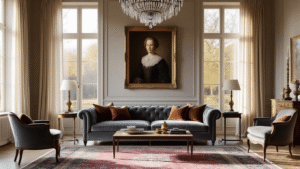 Cinematic wide shot of an elegant Dutch living room featuring warm greige walls, a slate grey velvet sofa beneath an antique family portrait, illuminated by soft morning light through sheer curtains, with a vintage Persian rug, crystal chandelier, and brass accents throughout.