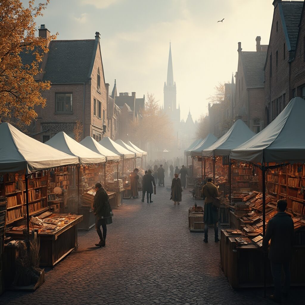 A panoramic view of a medieval Dutch city square filled with wooden stalls showcasing antique books, set against historic brick buildings with stepped gables, illuminated by warm autumn light and morning mist, as people browse the cobblestone streets.