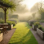 Cinematic wide-angle view of a Dutch spring garden at golden hour, featuring misty lawns, rustic wooden planters with perennials, vintage teak furniture, terracotta pots of lavender, and a pergola adorned with climbing roses, all illuminated by soft morning light.