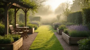 Cinematic wide-angle view of a Dutch spring garden at golden hour, featuring misty lawns, rustic wooden planters with perennials, vintage teak furniture, terracotta pots of lavender, and a pergola adorned with climbing roses, all illuminated by soft morning light.