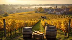 A panoramic view of an autumn Dutch vineyard in Groesbeek, featuring sunlit rows of grapevines, wooden wine barrels, cheese platters, and regional wine in the foreground, with a horse-drawn cart and historic buildings in the background, all enveloped in warm golden and rich purple tones.