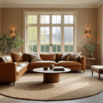 Photorealistic Dutch living room featuring a central cognac leather sofa on an oversized round wool rug, complemented by brass wall sconces, indoor plants, and warm beige matte walls, all captured in natural midday light with a shallow depth of field emphasizing the sofa arrangement.
