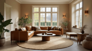 Photorealistic Dutch living room featuring a central cognac leather sofa on an oversized round wool rug, complemented by brass wall sconces, indoor plants, and warm beige matte walls, all captured in natural midday light with a shallow depth of field emphasizing the sofa arrangement.