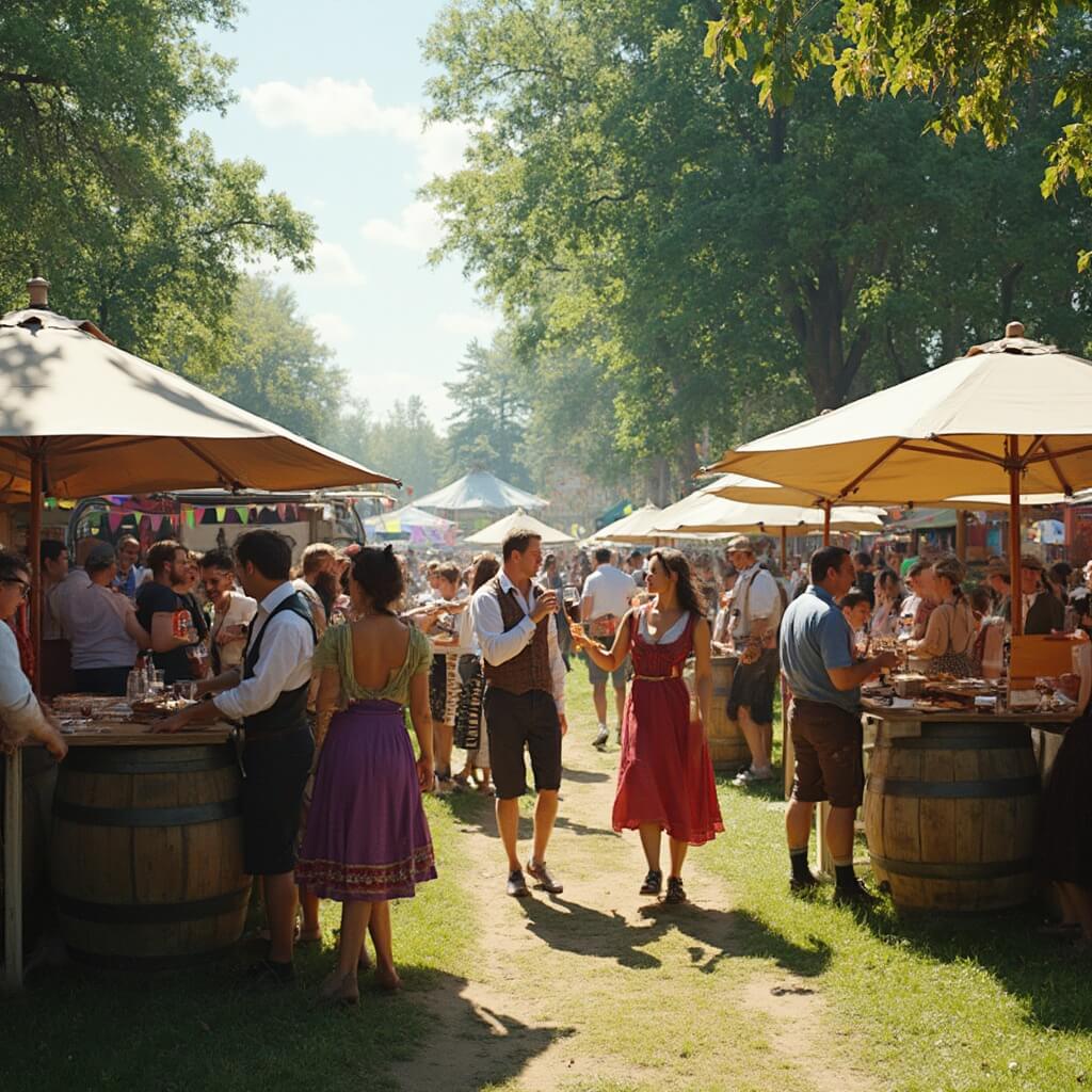 Feestelijke wijnfestival scène met diverse menigte, buiten wijnproeverij, houten wijnvaten, mensen met wijnglazen, traditionele Nederlandse kleding, kleurrijke banners, zonnige zomerdag, weelderige groene omgeving, ambachtelijke eetkraampjes, natuurlijke spontane interacties tussen bezoekers.