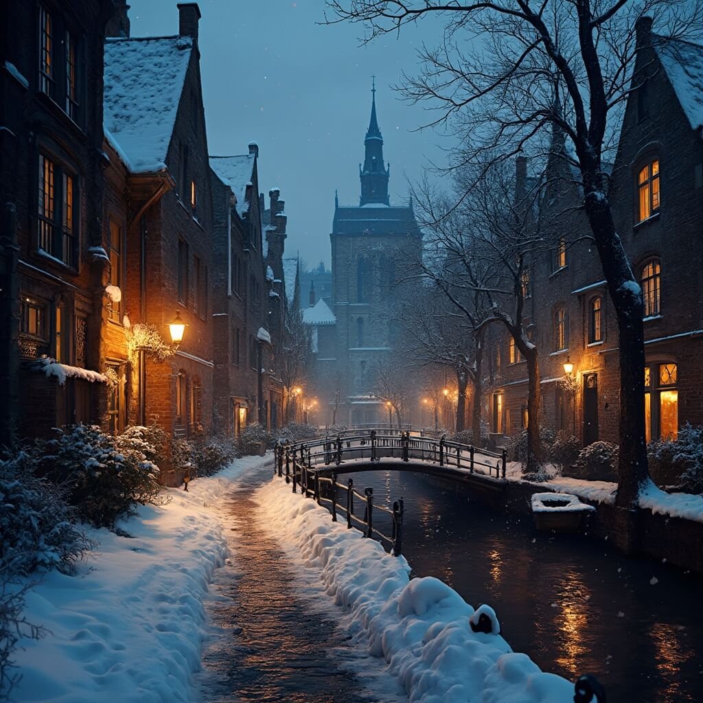 Sfeervol nachtbeeld van een historisch Nederlandse stad in de winter, smalle straat met geplaveide stenen en besneeuwde middeleeuwse gebouwen, warme glow van ramen, traditionele gracht met bevroren randen, zachte straatverlichting die een magische winterse sfeer creëert.