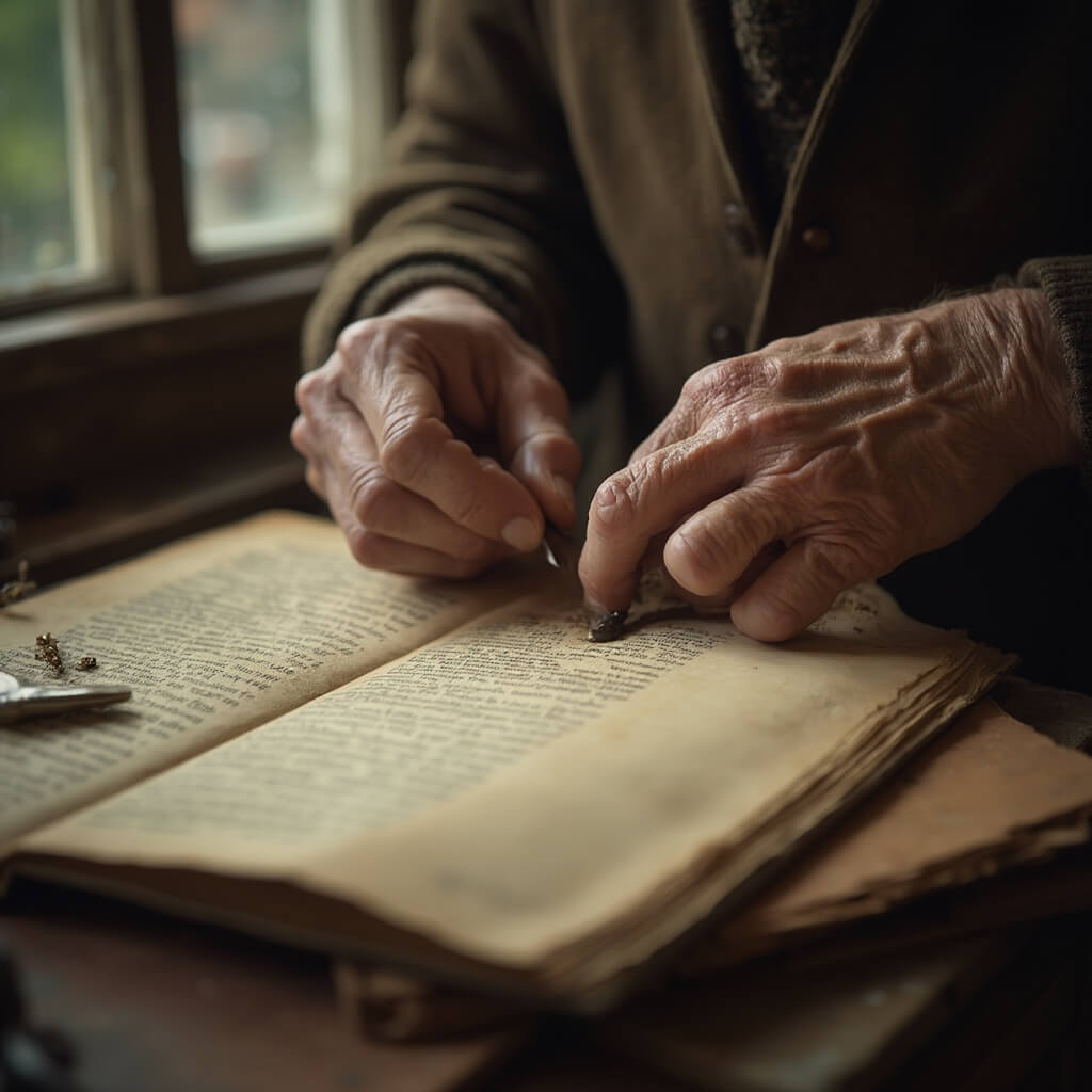 Hyperrealistisch close-up van de verweerde handen van een oudere boekenrestaurateur die voorzichtig een antiek leren boek repareert, met zacht natuurlijk licht van een werkplaatsraam, intricaties van boekbindgereedschap en verouderde pagina's verspreid, warme sepia-tinten, en een zachte focus op de achtergrond met vage boekenkasten.
