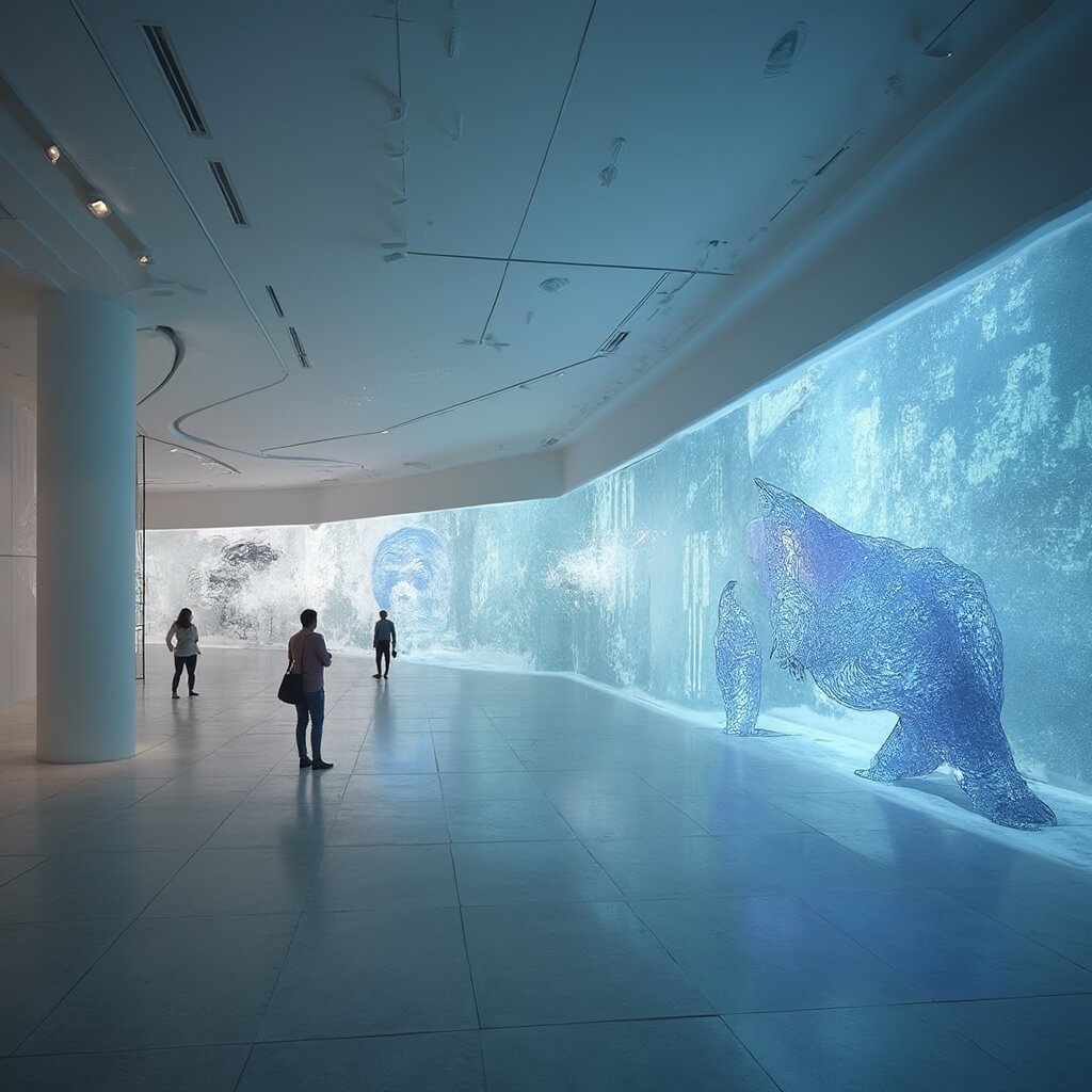 Futuristische kunstgalerie interieur met augmented reality digitale kunstinstallaties, holografische projecties, strak minimalistisch design, zachte ambient verlichting, high-tech interactieve schermen met generatieve AI-kunst, moderne architectonische ruimte met strakke lijnen en een neutraal kleurenpalet.