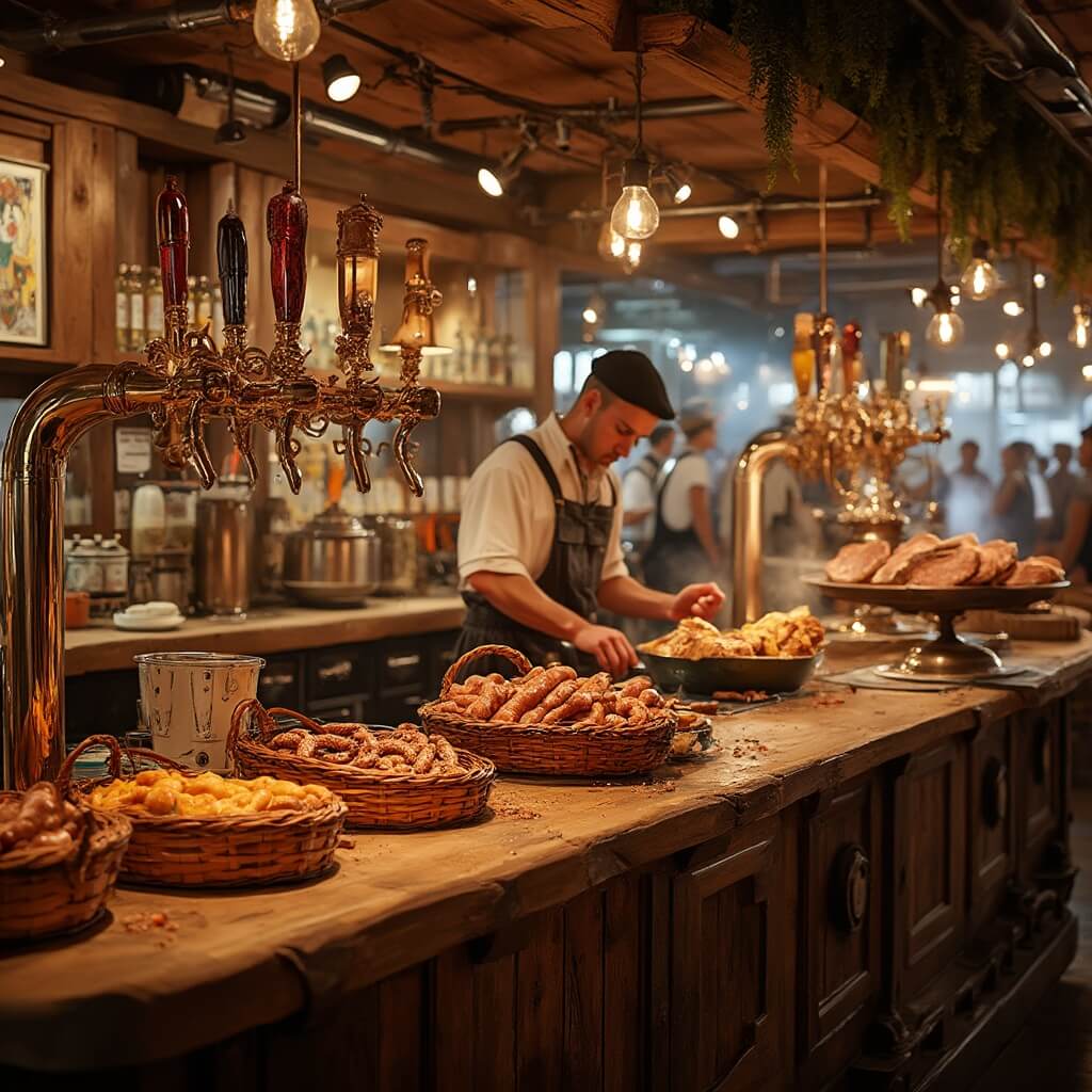 Oktoberfest Amersfoort: Waar Bier, Muziek en Gezelligheid Samenkomen! A rustic German food and drink station at an indoor festival, featuring a wooden bar with ornate beer taps, fresh pretzels in wicker baskets, and grilling bratwurst, staffed by people in Bavarian attire under warm lighting with brass fixtures and beer steins.
