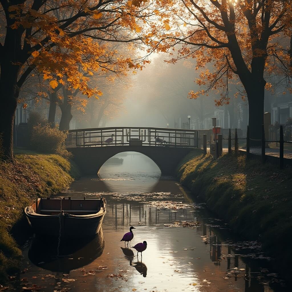 An intimate view of a narrow canal in Giethoorn during fall, featuring a small wooden boat moored beside a rustic wooden footbridge, purple herons near the water's edge, and dense autumn trees with colorful falling leaves, all bathed in soft afternoon light for a moody atmosphere.